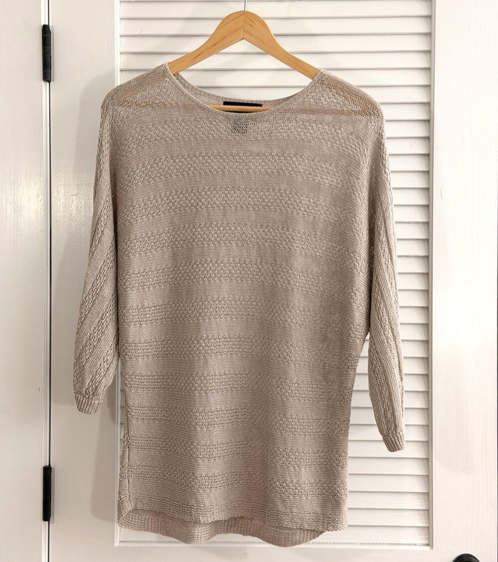 Tahari Women’s M 100% Linen Open Knit Sweater Tunic Beige Dolman Sleeve